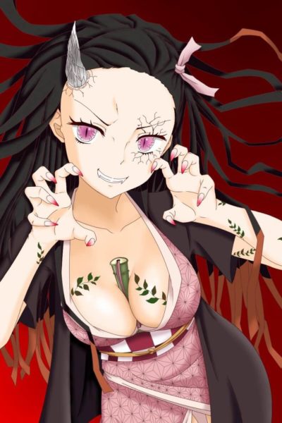 La jeune Nezuko a un appétissant décolleté ouvert sur ses nichons tatoués