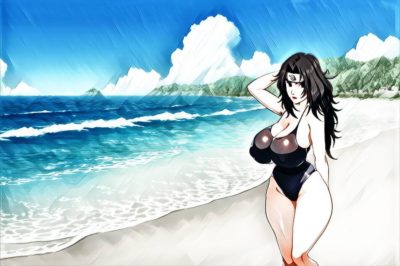 Kurenai Yuhi en maillot de bain sexy moulant sa forte poitrine